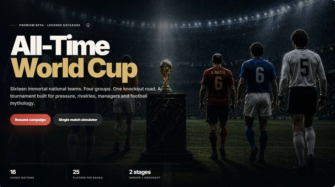 All-time football legends approaching the World Cup trophy in a floodlit stadium