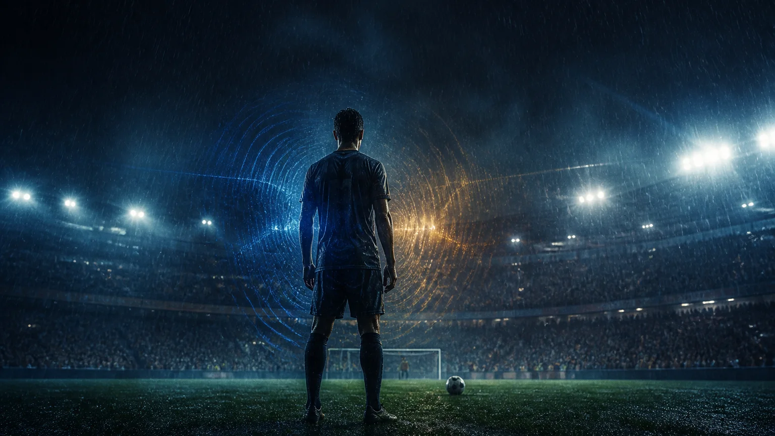 A lone footballer under pressure in a rain-soaked stadium, surrounded by subtle blue and amber pulse patterns