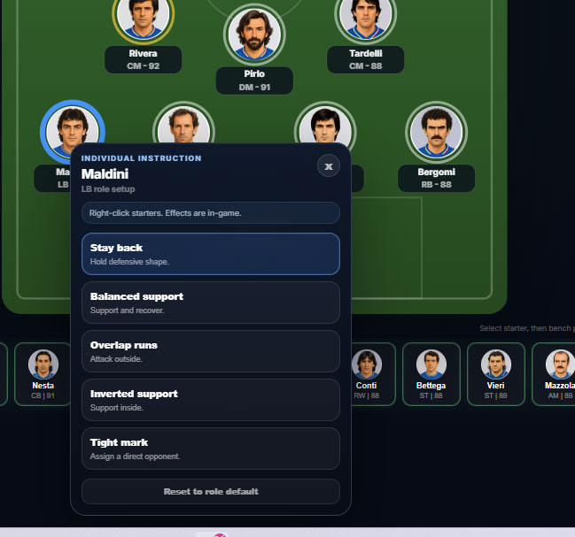 Individual player instructions inside the Match Simulator