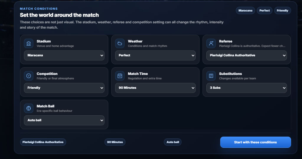Stadium, weather, referee and competition settings inside the Match Simulator