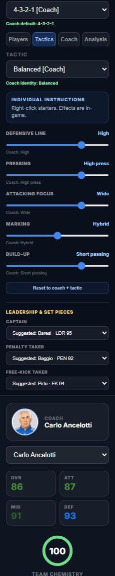 Team tactics and coach settings inside the Match Simulator